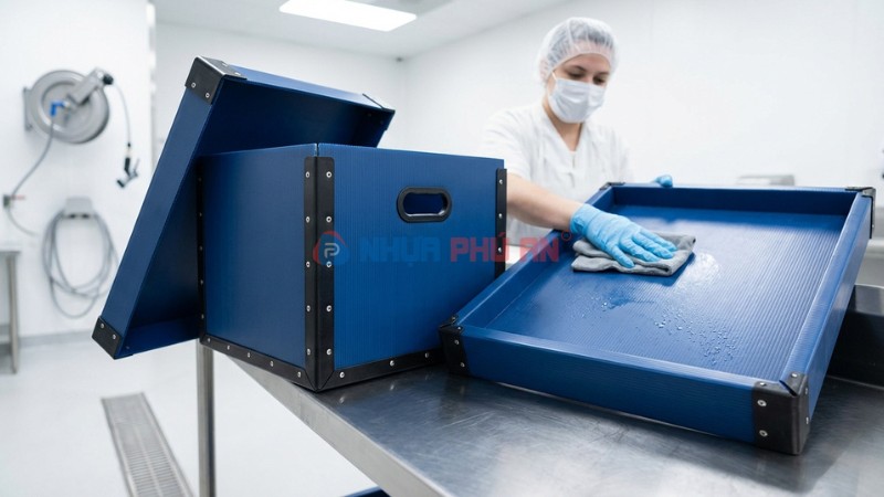 Nhân viên vệ sinh khay thùng nhựa Danpla trong khu rửa dụng cụ ngành thực phẩm