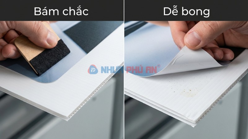 Cận cảnh kiểm tra độ bám decal trên tấm nhựa Danpla