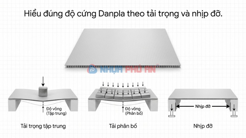 Minh họa tấm Danpla với ba tình huống tải trọng tập trung tải phân bố và nhịp đỡ để hiểu đúng độ cứng vật liệu
