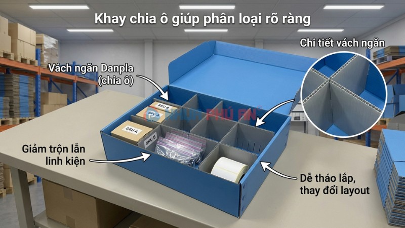 Thùng Danpla có khay chia ô bằng vách ngăn Danpla giúp phân loại linh kiện theo SKU, giảm trộn lẫn khi soạn hàng
