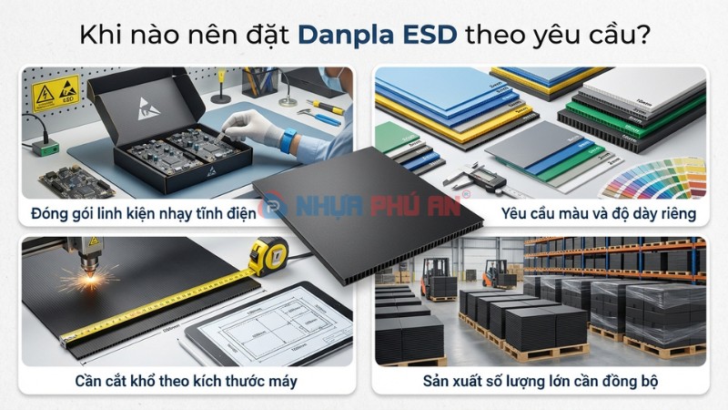 Minh họa các tình huống cần đặt Danpla ESD theo yêu cầu như đóng gói linh kiện nhạy tĩnh điện, khu vực ESD và yêu cầu thông số riêng