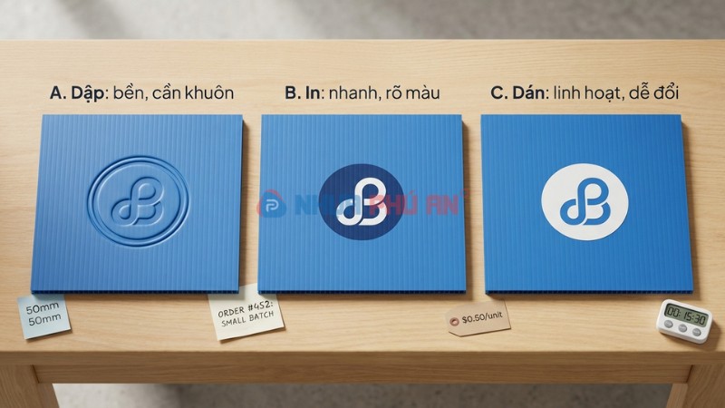 So sánh dập logo, in logo và dán decal trên bề mặt thùng Danpla corrugated