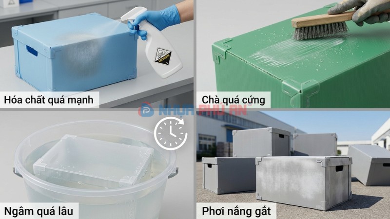 Minh họa các lỗi tẩy rửa khiến thùng nhựa Danpla nhanh xuống cấp