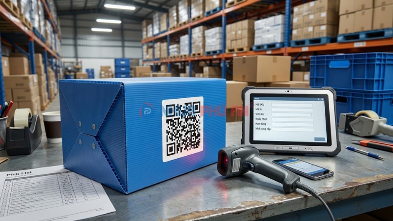 QR trên thùng nhựa Danpla nên mã hóa dữ liệu SKU lô vị trí ngày nhập hạn dùng