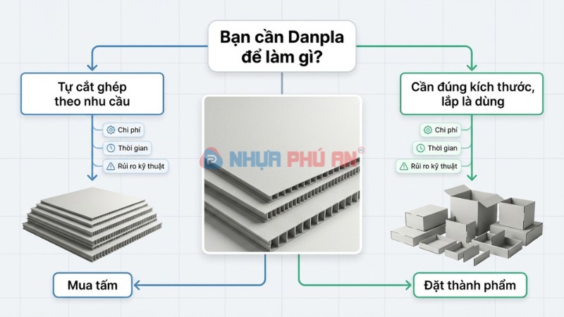 Minh họa hai lựa chọn mua tấm Danpla và đặt gia công thành phẩm với câu hỏi quyết định theo nhu cầu sử dụng
