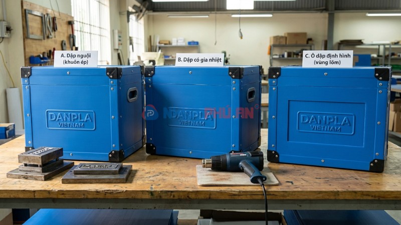 So sánh các phương án dập logo trên thùng Danpla