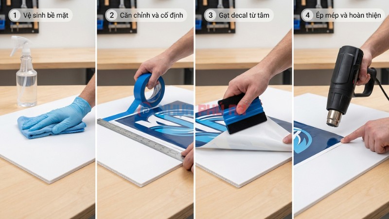 Minh họa quy trình dán decal lên tấm nhựa Danpla