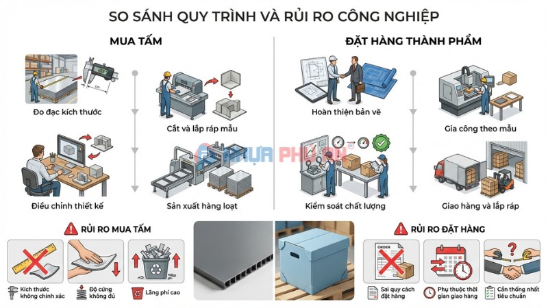 Minh họa timeline và rủi ro kỹ thuật khi mua tấm Danpla tự gia công so với đặt thành phẩm gia công sẵn trong xưởng Việt Nam
