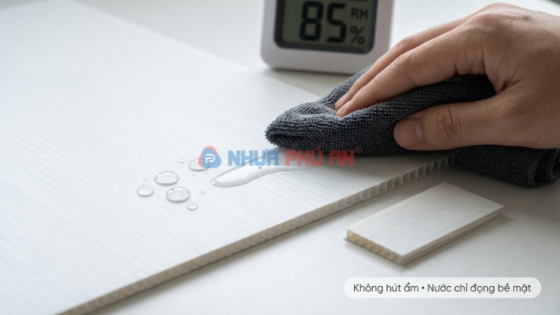 Cận cảnh giọt nước đọng trên bề mặt tấm Danpla corrugated