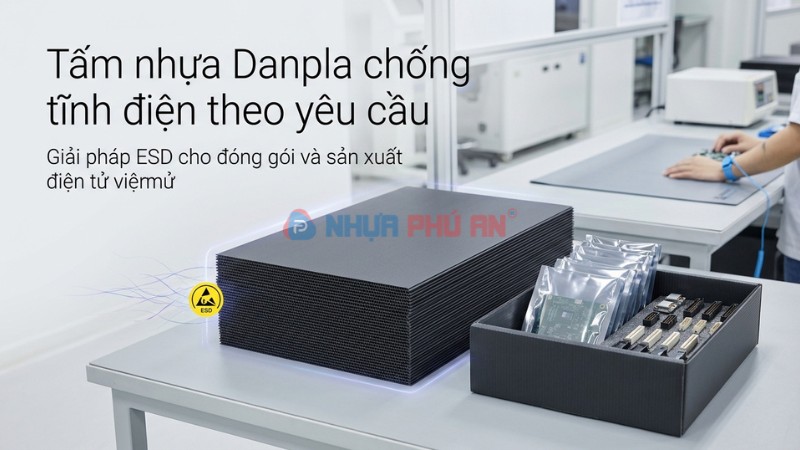 Tấm nhựa Danpla chống tĩnh điện ESD theo yêu cầu dùng trong nhà xưởng điện tử, minh họa bảo vệ linh kiện và kiểm soát tĩnh điện