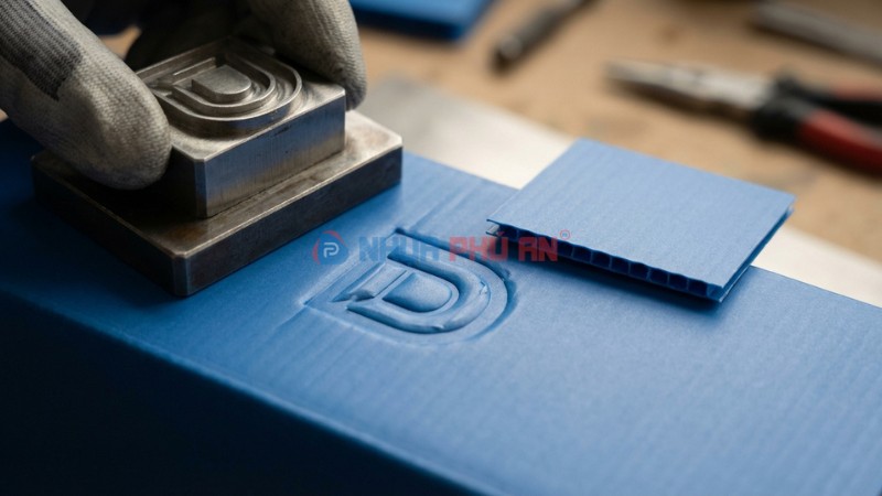 Cận cảnh logo dập nổi/chìm trên bề mặt thùng Danpla corrugated
