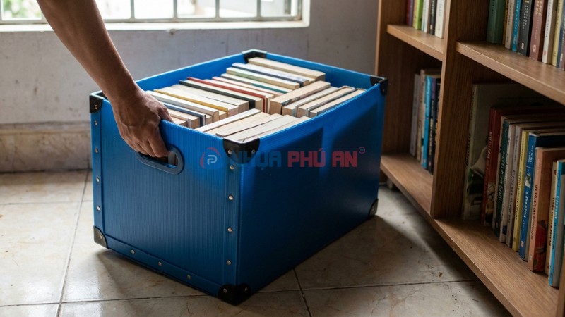 Thùng Danpla corrugated đựng sách đặt cạnh kệ sách