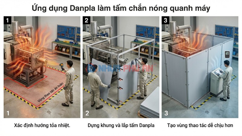 Ứng dụng tấm Danpla làm tấm chắn nóng tạm quanh máy, tạo vùng thao tác mát hơn và an toàn hơn trong nhà xưởng