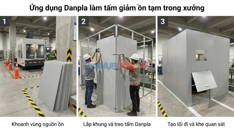 Ứng dụng tấm nhựa Danpla làm vách ngăn giảm ồn tạm quanh máy, tạo khu vực thao tác yên hơn trong xưởng