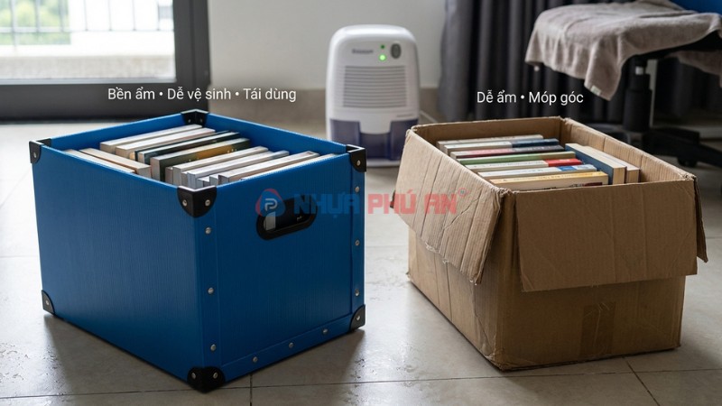 So sánh ưu điểm thùng nhựa Danpla và thùng carton khi đựng sách