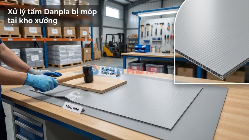Xử lý tấm danpla bị móp cong vênh tại xưởng
